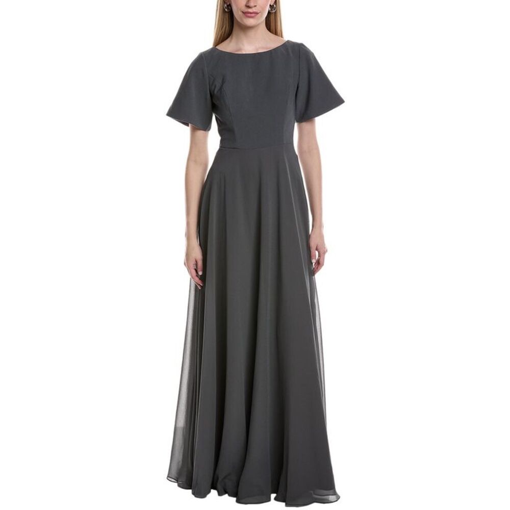 Rene Ruiz Womens  Boat Neck Chiffon A-Line Gown, Grey